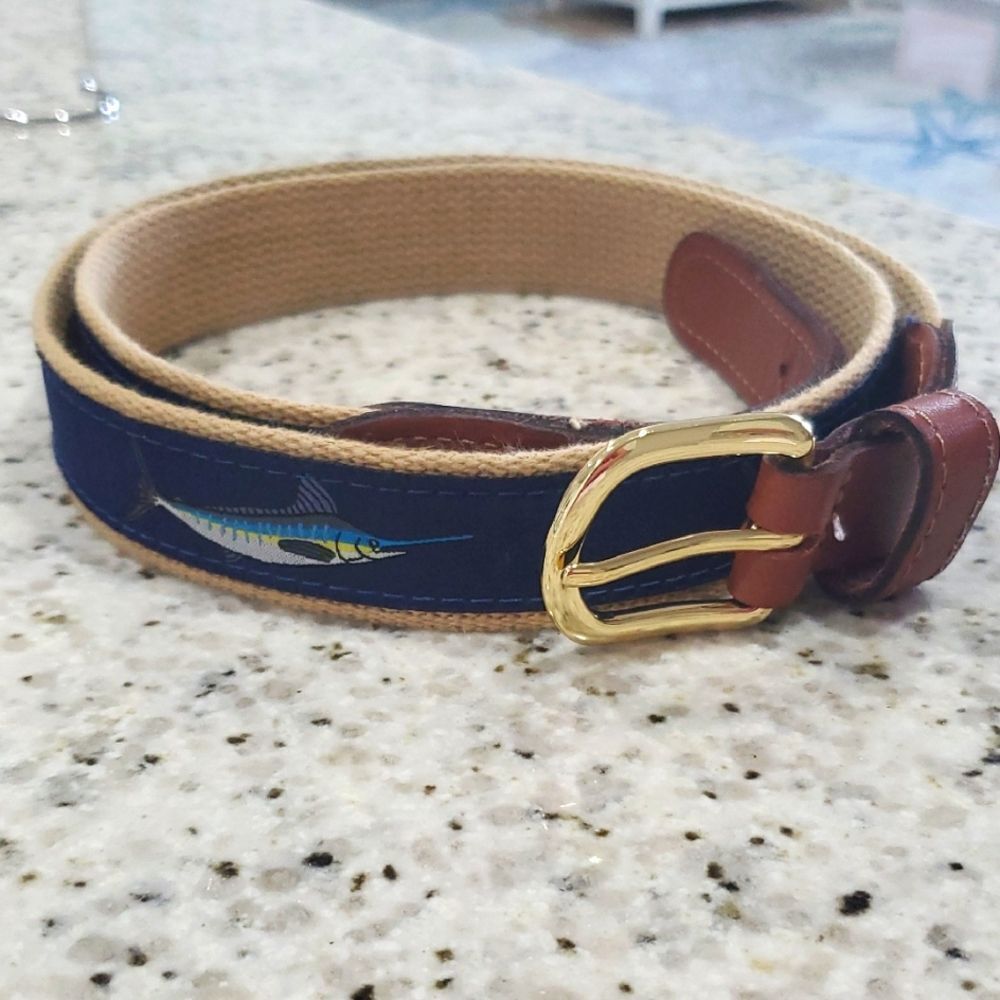 Nautical Theme Marlin Canvas, Leather Brass Mens Belt, Size 42
